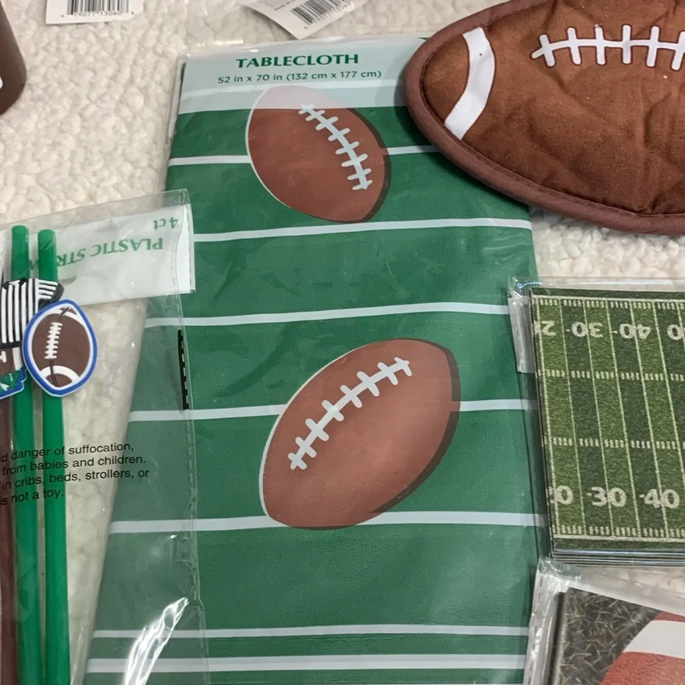 Football Party 40 pc Set Tablecloth Straws Coasters Coozie Ice Trays Cups & More